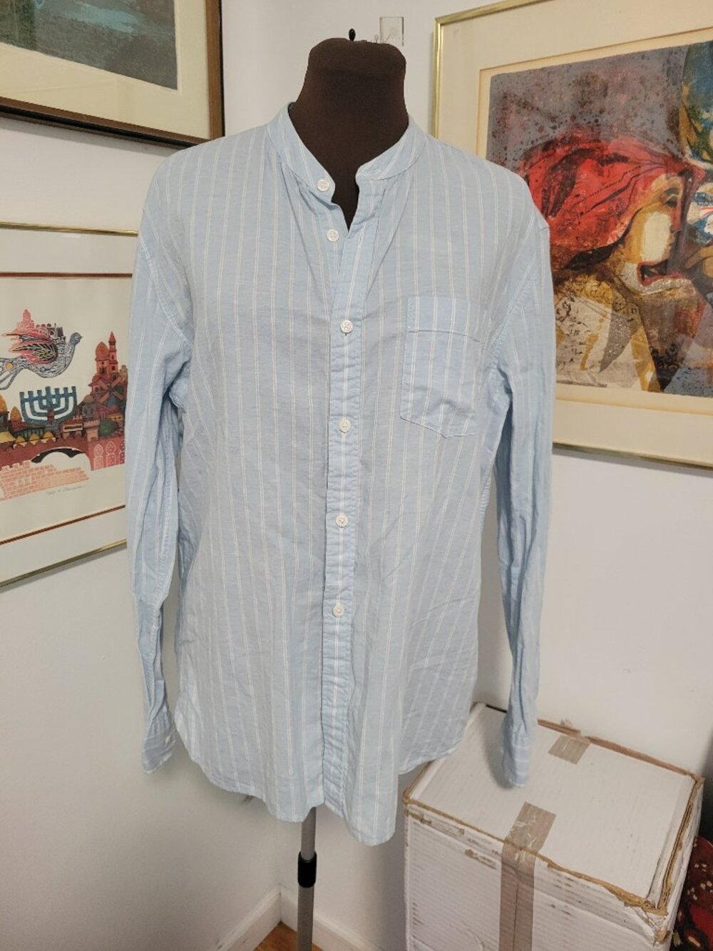 Vintage 90's Giordano Blue and White Striped Mandarin Collar Shirt